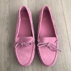 J Crew Pink Mocassins 9.5 suede Sun Drenched Peony Pink Slip-On Style Moccasins